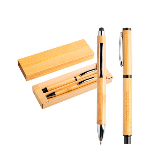Esferográfica e roller feitos de bambu com clip e estojo, tinta azul vista principal