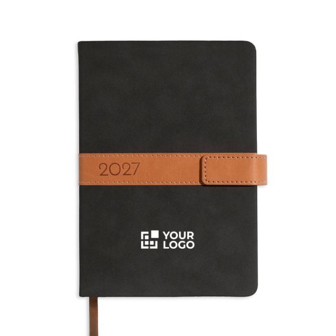 Agenda diária A5 com capa tipo nubuck e fecho magnético em PU