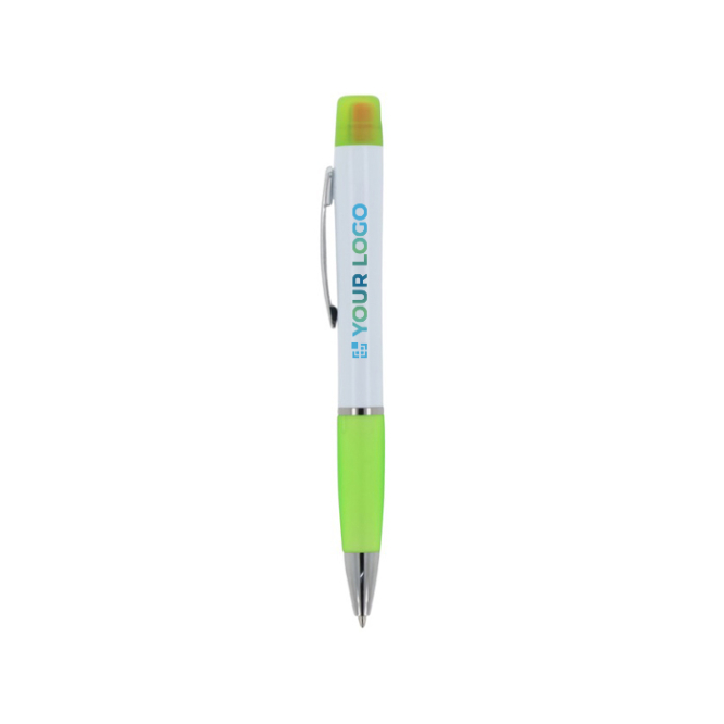 Caneta de mecanismo giratório tinta azul com marca-texto na parte superior vista principal
