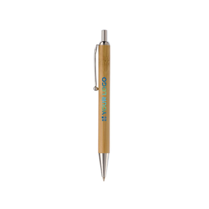 Caneta de botão feita de bambu e metal com tinta preta vista principal