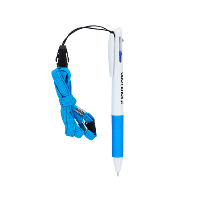 Caneta com pega e cordão para chaves com tinta azul, preta e vermelha