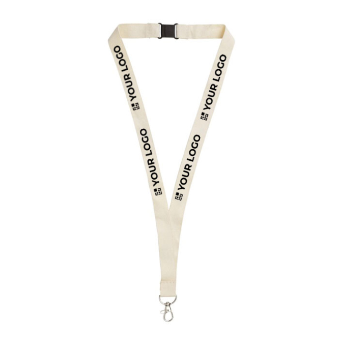 Lanyard de algodão orgânico com fivela de segurança e mosquetão vista principal