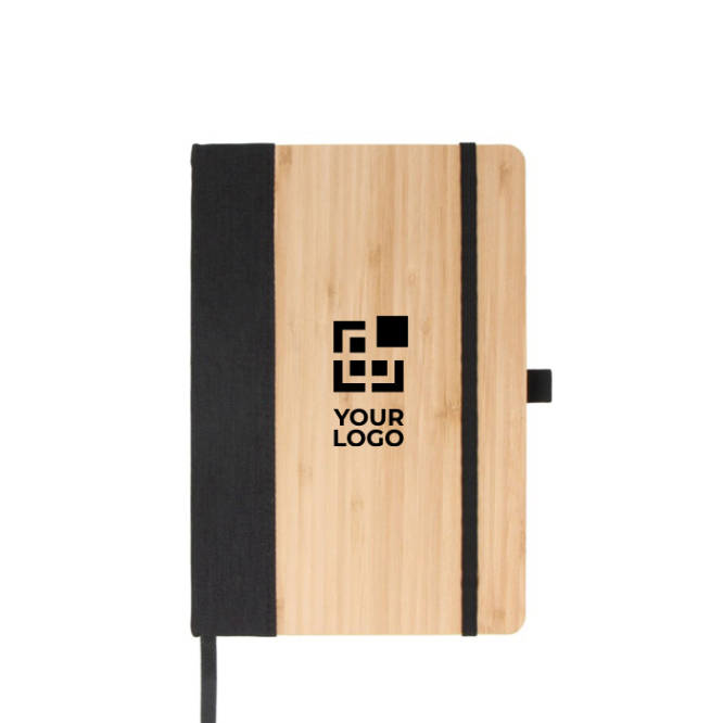 Caderno com capa de bambu com borda vertical e folhas pautadas A5 vista principal