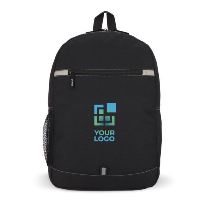 Mochila de rPET com compartimento frontal e pequeno detalhe refletor