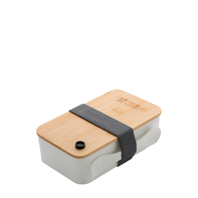 Lancheira com tampa de bambu e talher