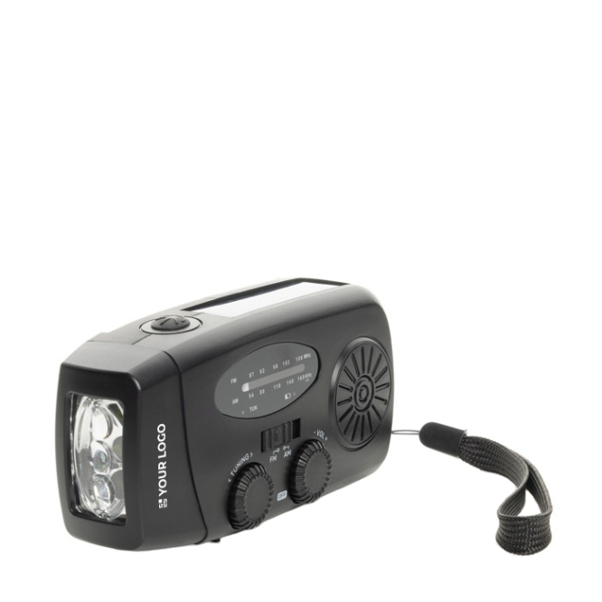 Rádio de emergência multifunções em ABS reciclado e manivela 1.800 mAh