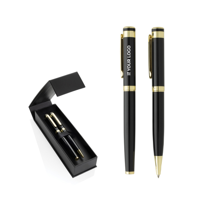 Conjunto de canetas de latão reciclado com detalhe dourado, tinta azul