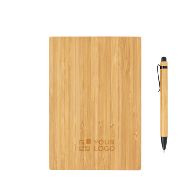 Caderno e caneta para brindes em bambu cor castanho