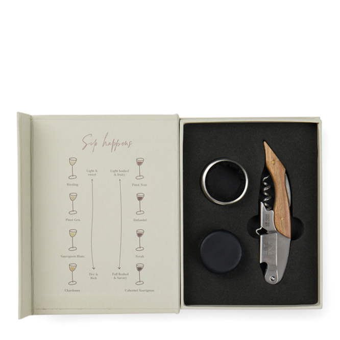 Conjunto de vinho com caixa-oferta semelhante a um livro clássico